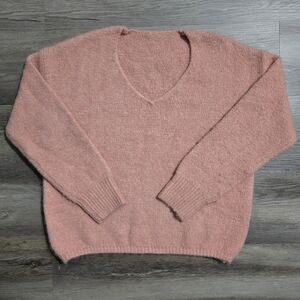 100% Mohair Sweater XS V-Neck Fuzzy Pink Soft Knit Pullover - Luxury Fiber​